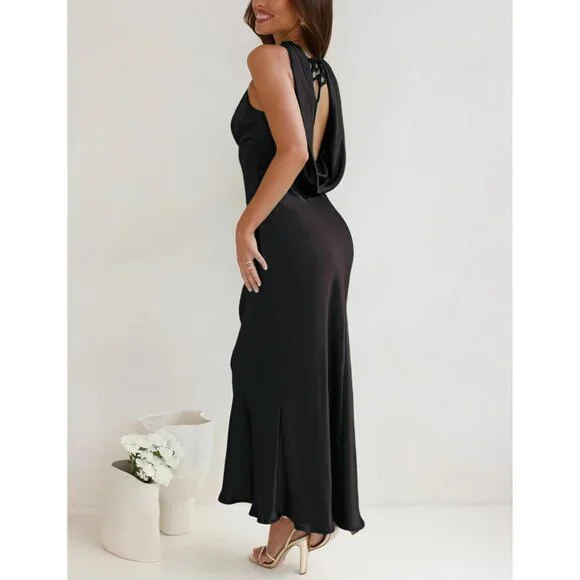 Satin Halter Neck Midi Dress Backless Empire Waist Formal for Wedding Guest Satin Halter Neck Midi Dress Backless Empire Waist Formal for Wedding Guest